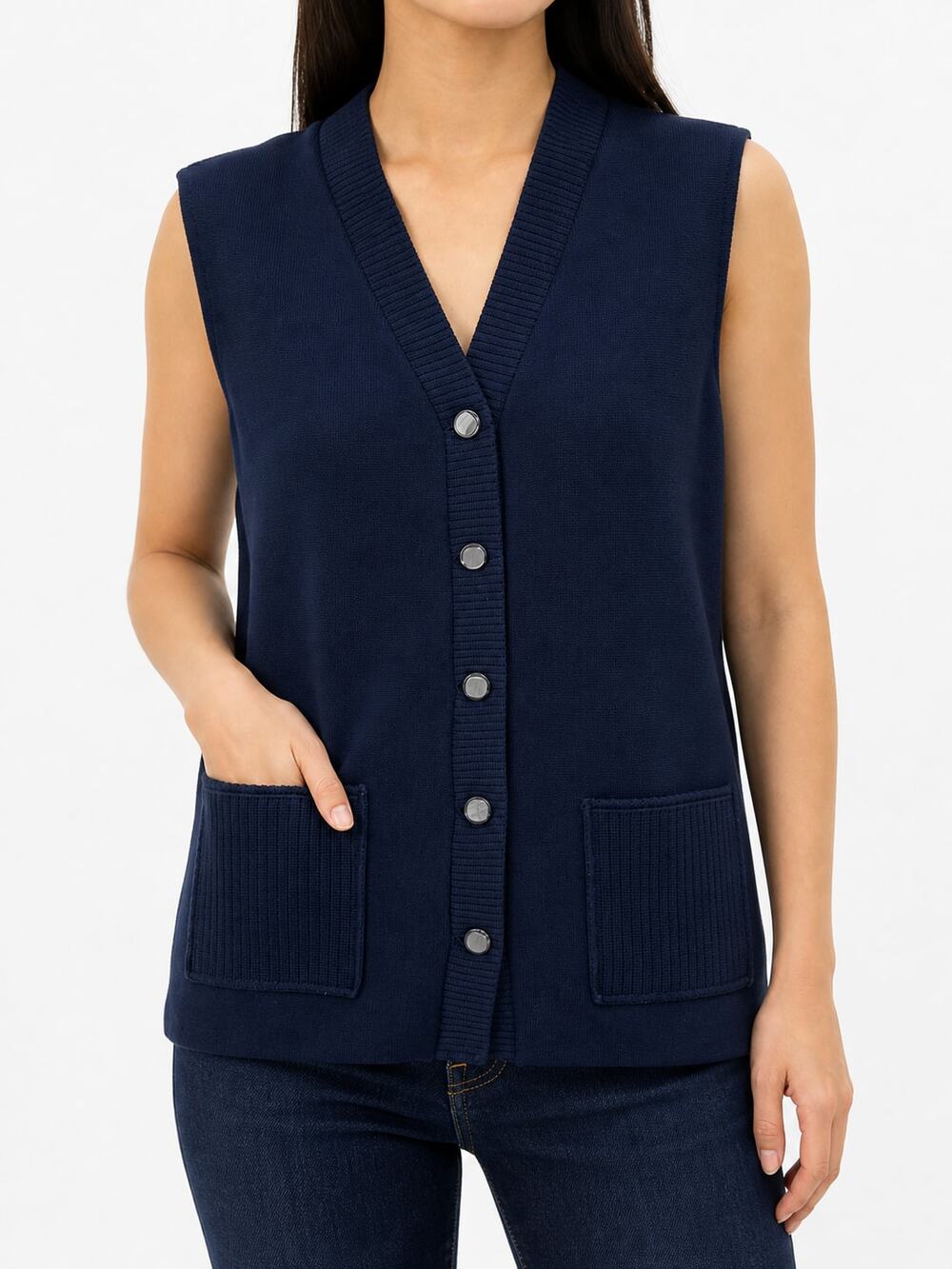 Hedy Knits of CA Vintage Navy V-Neck Button Front Vest Estimated M Quiet Luxury